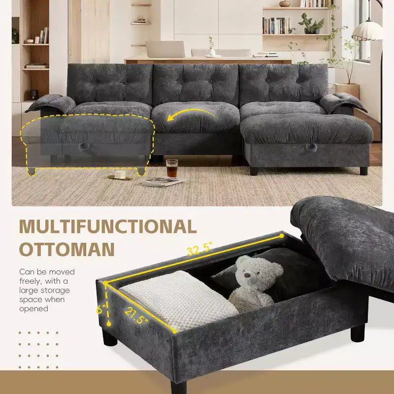 Canapé d'angle modulaire 4 places avec pouf de rangement, porte-gobelets, chargement USB et Type-C, coussins capitonnés, rangement dans les accoudoirs, revêtement doux