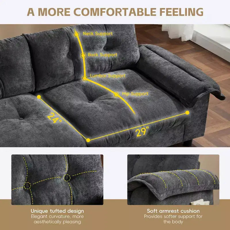 Canapé d'angle modulaire 4 places avec pouf de rangement, porte-gobelets, chargement USB et Type-C, coussins capitonnés, rangement dans les accoudoirs, revêtement doux