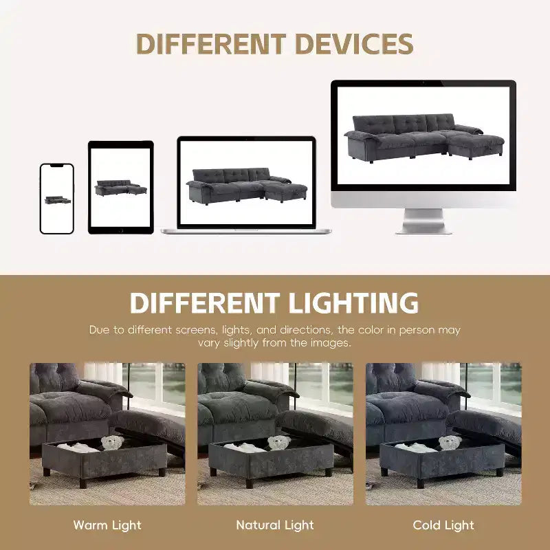 Canapé d'angle modulaire 4 places avec pouf de rangement, porte-gobelets, chargement USB et Type-C, coussins capitonnés, rangement dans les accoudoirs, revêtement doux