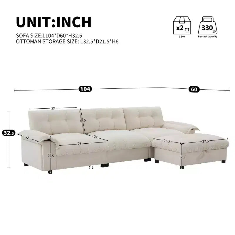 Canapé d'angle modulaire 4 places avec pouf de rangement, porte-gobelets, chargement USB et Type-C, coussins capitonnés, rangement dans les accoudoirs, revêtement doux