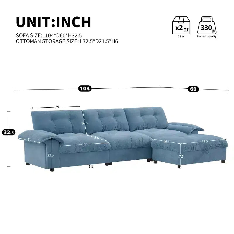 Canapé d'angle modulaire 4 places avec pouf de rangement, porte-gobelets, chargement USB et Type-C, coussins capitonnés, rangement dans les accoudoirs, revêtement doux