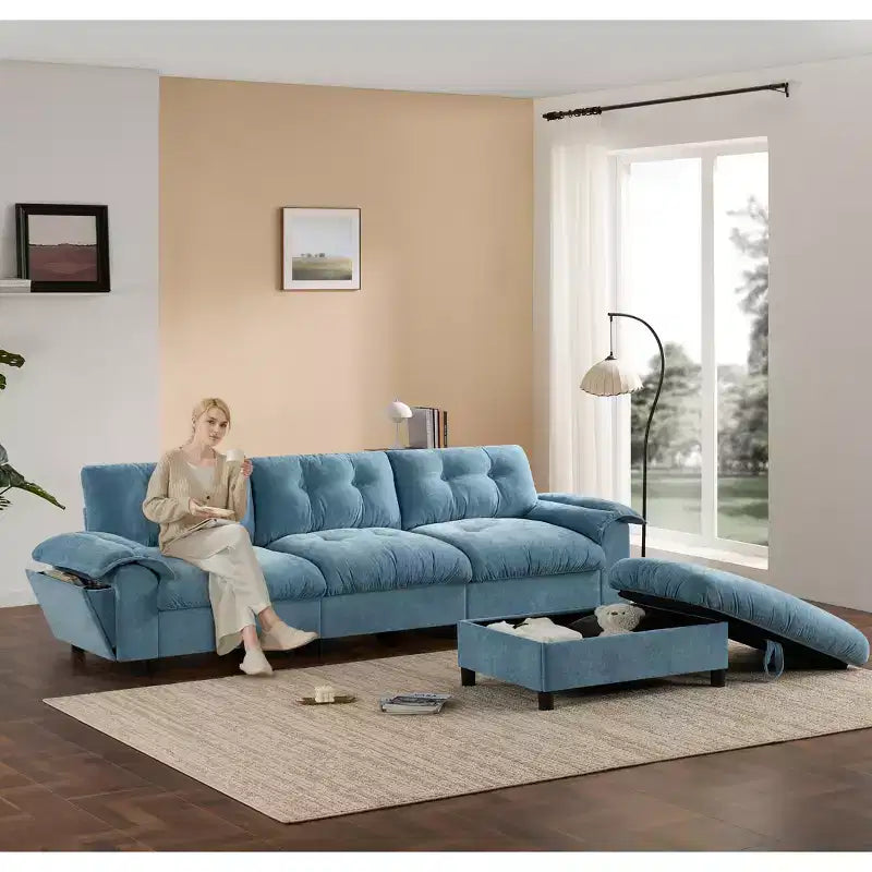 Canapé d'angle modulaire 4 places avec pouf de rangement, porte-gobelets, chargement USB et Type-C, coussins capitonnés, rangement dans les accoudoirs, revêtement doux