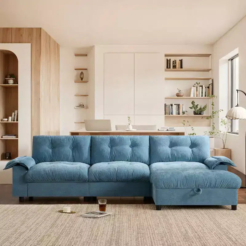 Canapé d'angle modulaire 4 places avec pouf de rangement, porte-gobelets, chargement USB et Type-C, coussins capitonnés, rangement dans les accoudoirs, revêtement doux