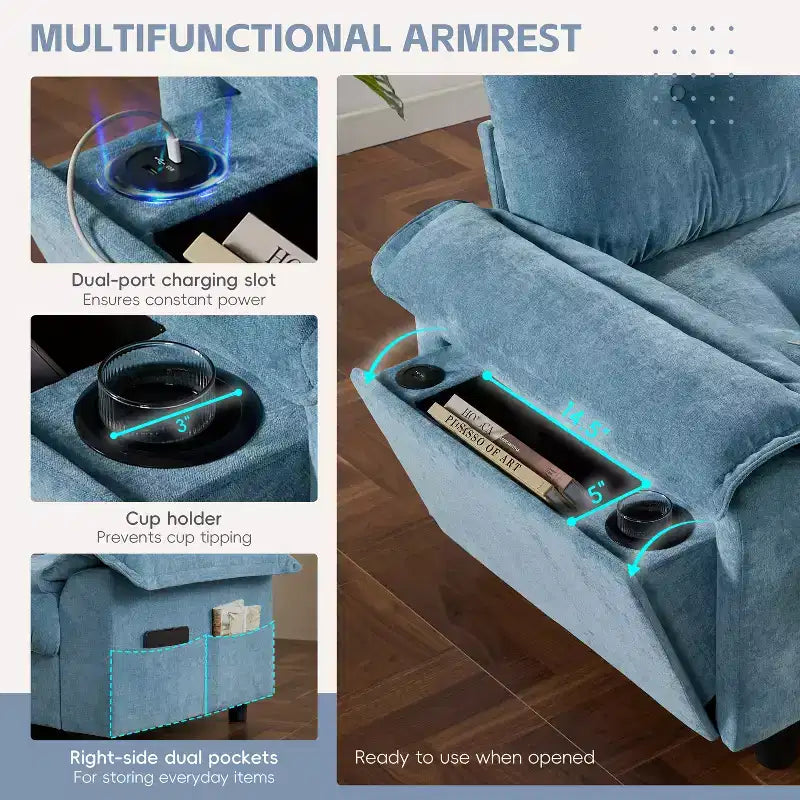 Canapé d'angle modulaire 4 places avec pouf de rangement, porte-gobelets, chargement USB et Type-C, coussins capitonnés, rangement dans les accoudoirs, revêtement doux