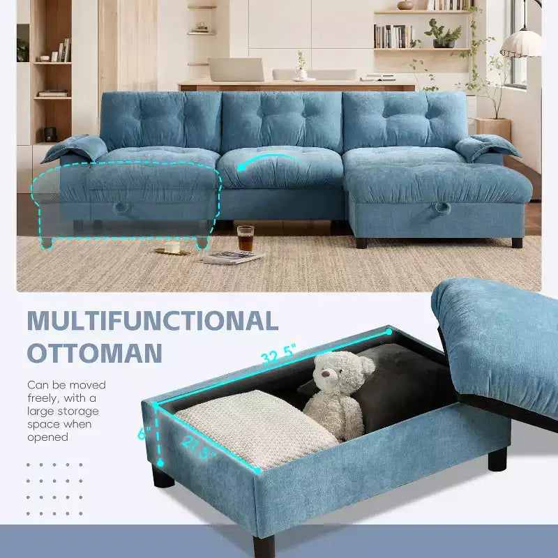 Canapé d'angle modulaire 4 places avec pouf de rangement, porte-gobelets, chargement USB et Type-C, coussins capitonnés, rangement dans les accoudoirs, revêtement doux