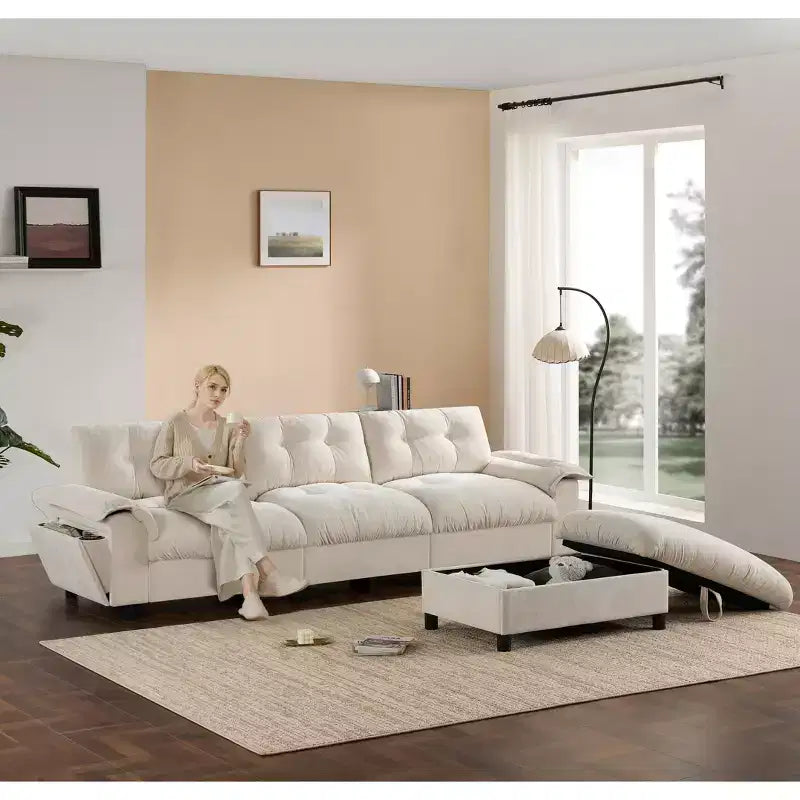 Canapé d'angle modulaire 4 places avec pouf de rangement, porte-gobelets, chargement USB et Type-C, coussins capitonnés, rangement dans les accoudoirs, revêtement doux