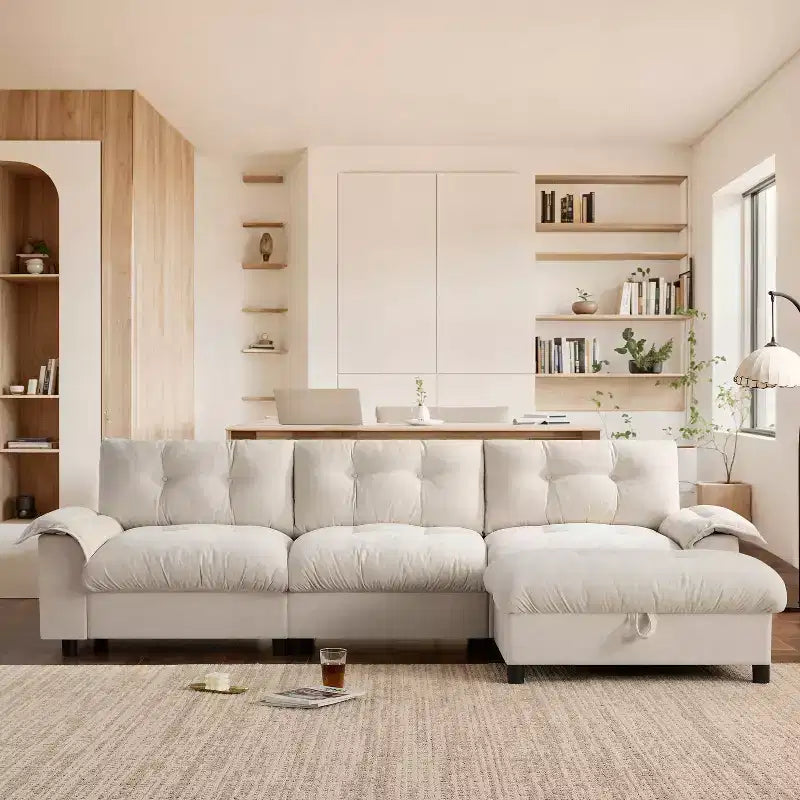 Canapé d'angle modulaire 4 places avec pouf de rangement, porte-gobelets, chargement USB et Type-C, coussins capitonnés, rangement dans les accoudoirs, revêtement doux