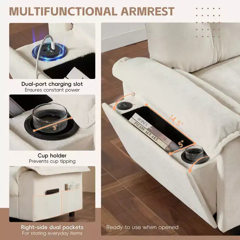 Canapé d'angle modulaire 4 places avec pouf de rangement, porte-gobelets, chargement USB et Type-C, coussins capitonnés, rangement dans les accoudoirs, revêtement doux