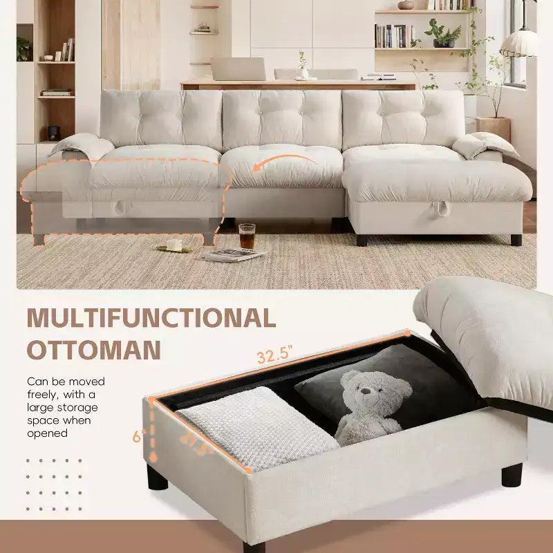 Canapé d'angle modulaire 4 places avec pouf de rangement, porte-gobelets, chargement USB et Type-C, coussins capitonnés, rangement dans les accoudoirs, revêtement doux