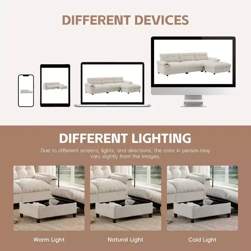 Canapé d'angle modulaire 4 places avec pouf de rangement, porte-gobelets, chargement USB et Type-C, coussins capitonnés, rangement dans les accoudoirs, revêtement doux