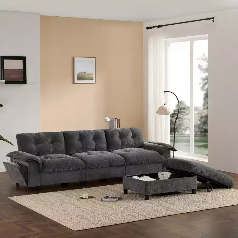 Canapé d'angle modulaire 4 places avec pouf de rangement, porte-gobelets, chargement USB et Type-C, coussins capitonnés, rangement dans les accoudoirs, revêtement doux