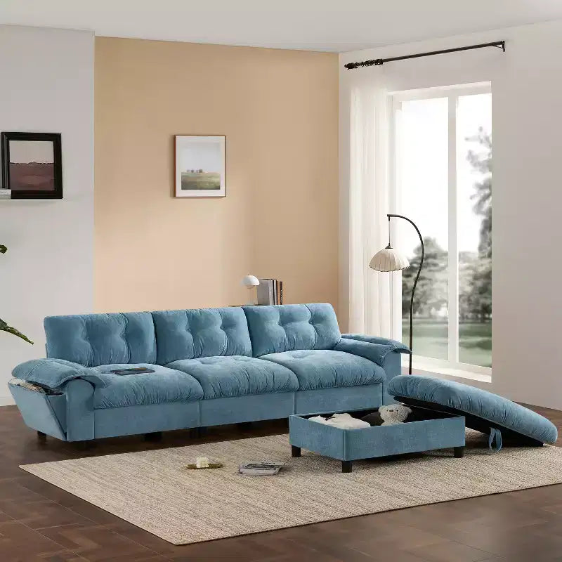 Canapé d'angle modulaire 4 places avec pouf de rangement, porte-gobelets, chargement USB et Type-C, coussins capitonnés, rangement dans les accoudoirs, revêtement doux