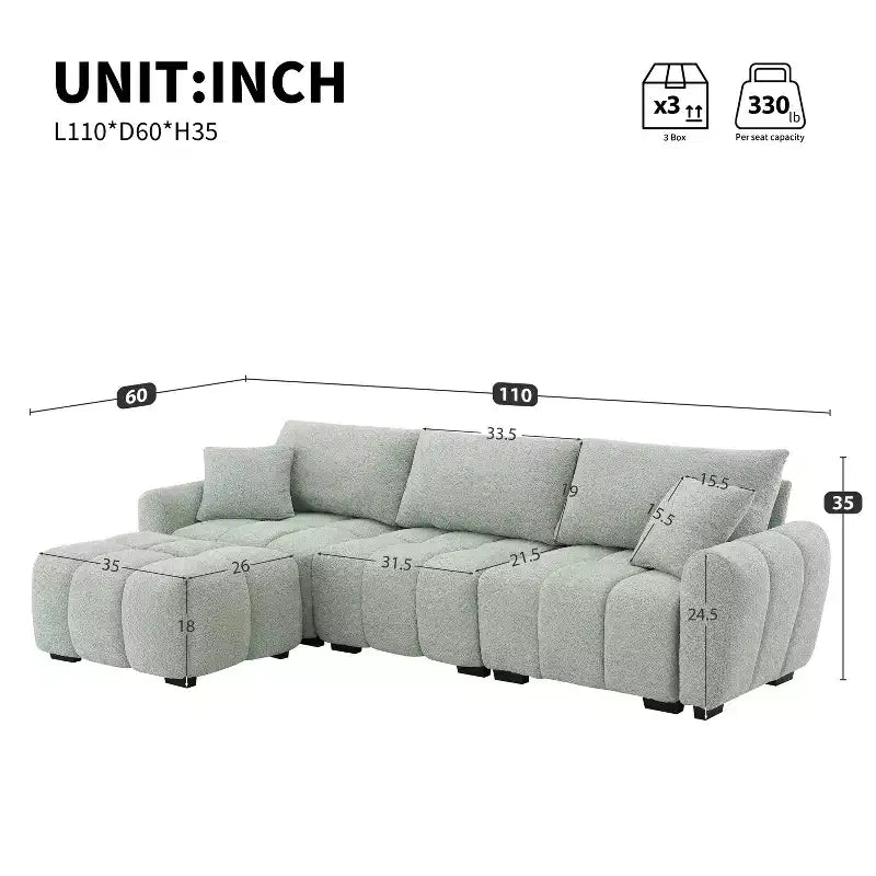 Canapé modulable en L de 110", avec assise extra-large, coussin à tirette, pouf et revêtement en tissu bouclé, 4 places
