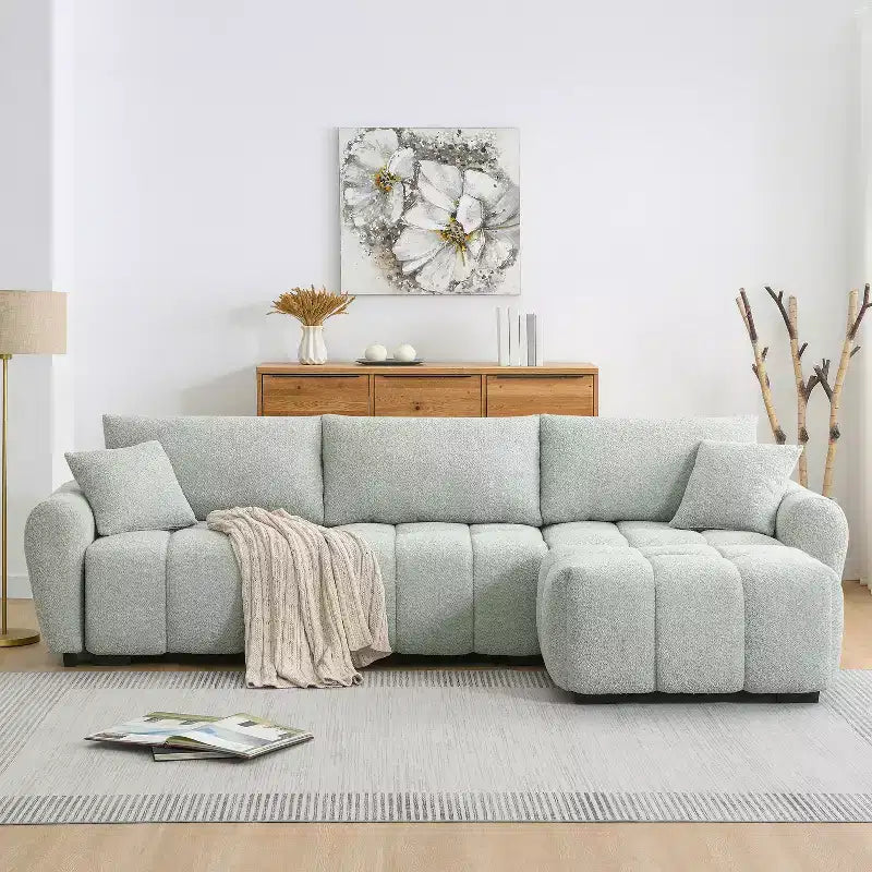 Canapé modulable en L de 110", avec assise extra-large, coussin à tirette, pouf et revêtement en tissu bouclé, 4 places