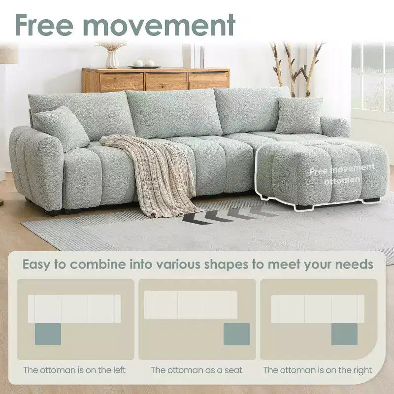 Canapé modulable en L de 110", avec assise extra-large, coussin à tirette, pouf et revêtement en tissu bouclé, 4 places