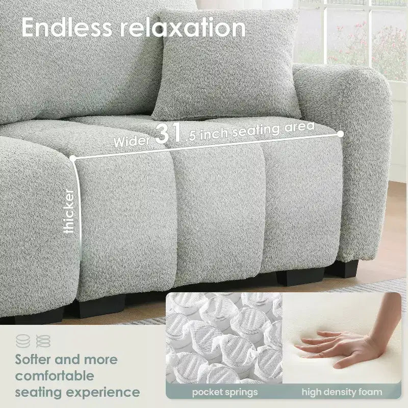 Canapé modulable en L de 110", avec assise extra-large, coussin à tirette, pouf et revêtement en tissu bouclé, 4 places