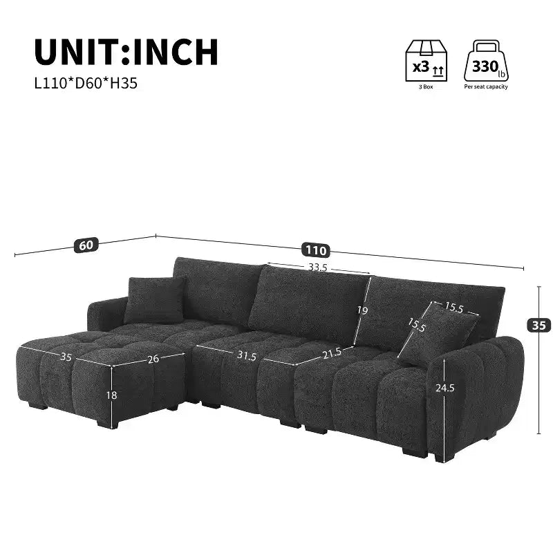 Canapé modulable en L de 110", avec assise extra-large, coussin à tirette, pouf et revêtement en tissu bouclé, 4 places