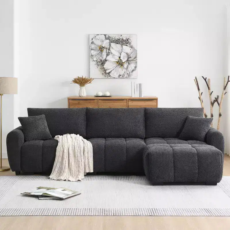 Canapé modulable en L de 110", avec assise extra-large, coussin à tirette, pouf et revêtement en tissu bouclé, 4 places