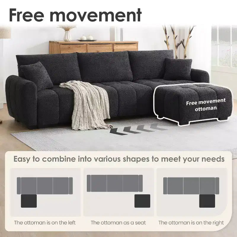 Canapé modulable en L de 110", avec assise extra-large, coussin à tirette, pouf et revêtement en tissu bouclé, 4 places