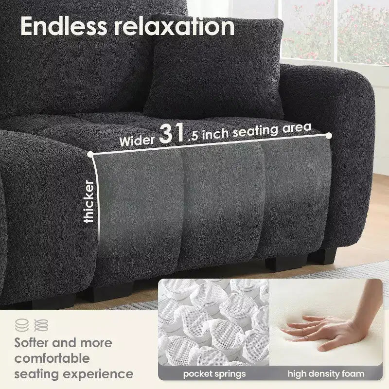 Canapé modulable en L de 110", avec assise extra-large, coussin à tirette, pouf et revêtement en tissu bouclé, 4 places