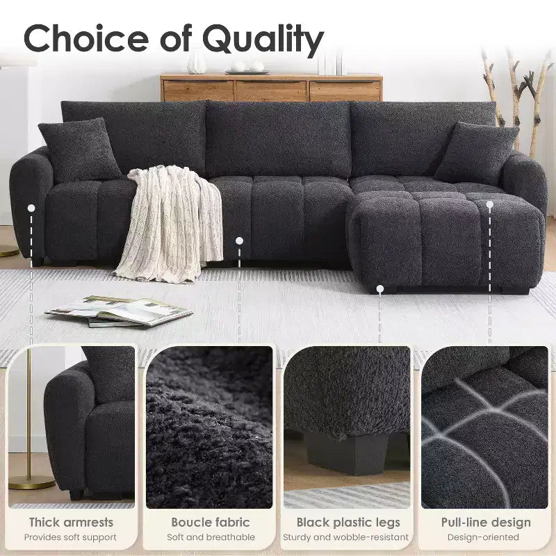 Canapé modulable en L de 110", avec assise extra-large, coussin à tirette, pouf et revêtement en tissu bouclé, 4 places