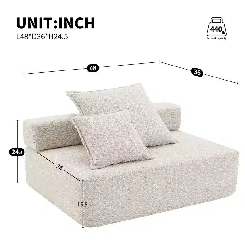 Fauteuil d'angle modulaire surdimensionné en boucle, canapé de sol rempli de mousse avec 2 oreillers, sectionnel convertible, 1 place, beige