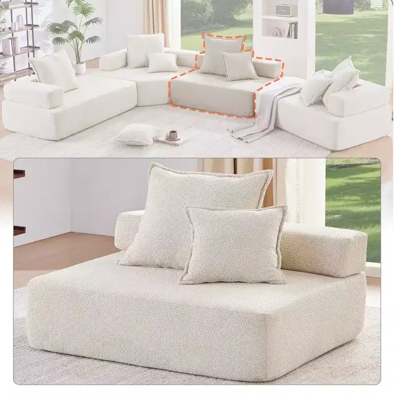 Fauteuil d'angle modulaire surdimensionné en boucle, canapé de sol rempli de mousse avec 2 oreillers, sectionnel convertible, 1 place, beige