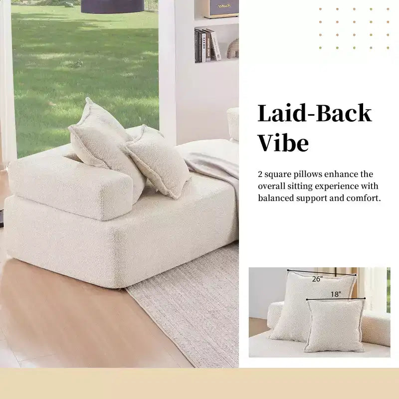 Fauteuil d'angle modulaire surdimensionné en boucle, canapé de sol rempli de mousse avec 2 oreillers, sectionnel convertible, 1 place, beige