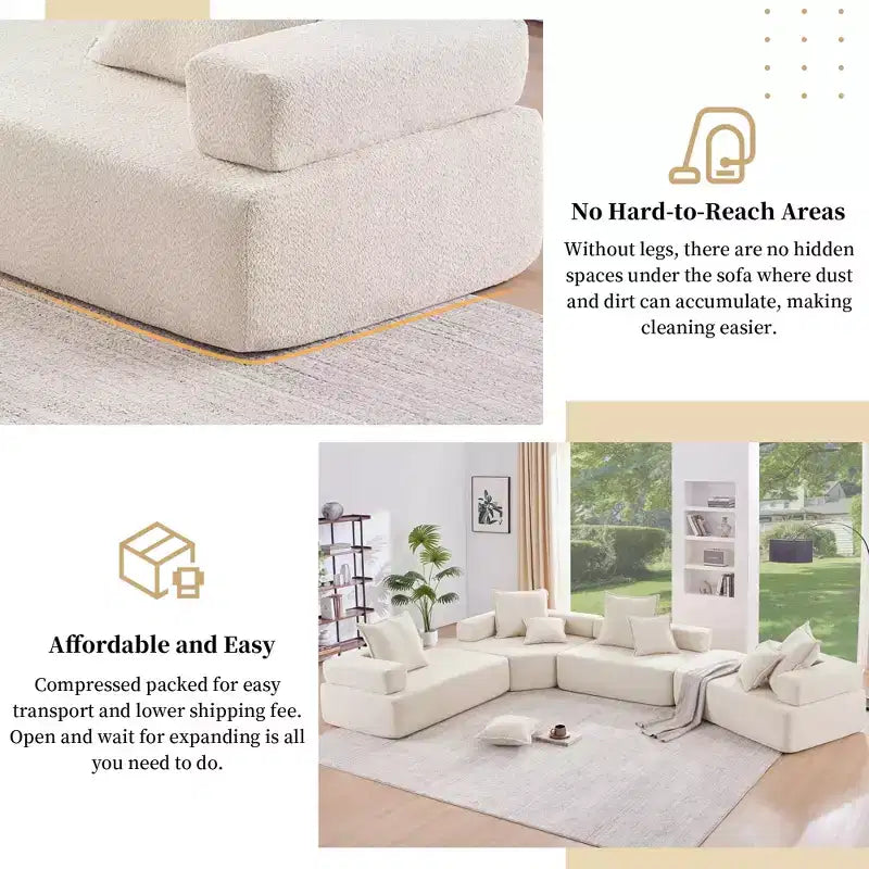 Fauteuil d'angle modulaire surdimensionné en boucle, canapé de sol rempli de mousse avec 2 oreillers, sectionnel convertible, 1 place, beige