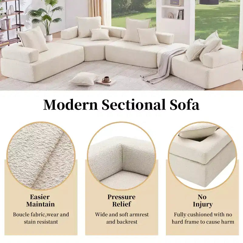 Fauteuil d'angle modulaire surdimensionné en boucle, canapé de sol rempli de mousse avec 2 oreillers, sectionnel convertible, 1 place, beige