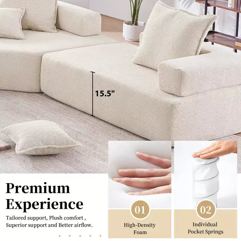 Fauteuil d'angle modulaire surdimensionné en boucle, canapé de sol rempli de mousse avec 2 oreillers, sectionnel convertible, 1 place, beige