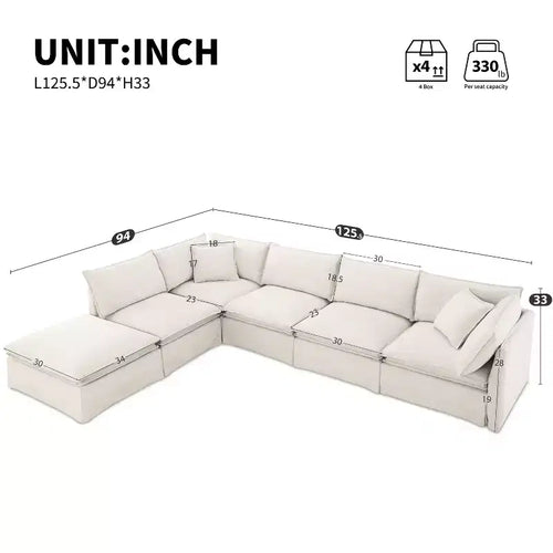 Canapé sectionnel modulaire en chenille 6 places de 125,5'', assise large avec pouf mobile, canapé surdimensionné pour salon ou appartement