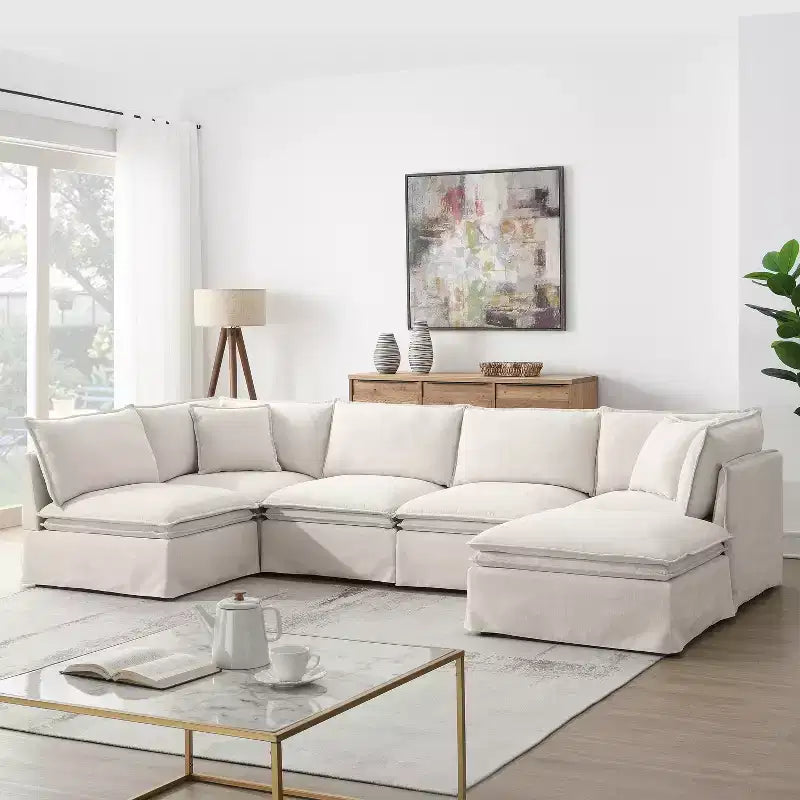 Canapé sectionnel modulaire en chenille 6 places de 125,5'', assise large avec pouf mobile, canapé surdimensionné pour salon ou appartement