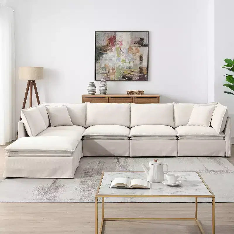 Canapé sectionnel modulaire en chenille 6 places de 125,5'', assise large avec pouf mobile, canapé surdimensionné pour salon ou appartement
