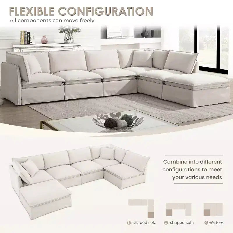 Canapé sectionnel modulaire en chenille 6 places de 125,5'', assise large avec pouf mobile, canapé surdimensionné pour salon ou appartement