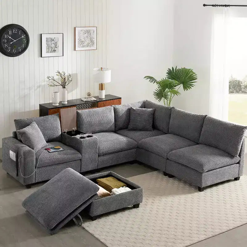 Canapé d'angle modulaire en U surdimensionné de 355 cm avec pouf, console, chargeur USB, porte-gobelet, rangement, revêtement en velours côtelé, 6 places, pour salon