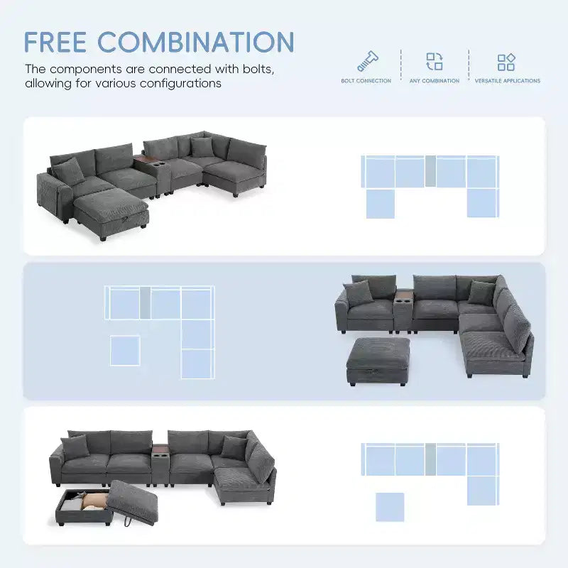 Canapé d'angle modulaire en U surdimensionné de 355 cm avec pouf, console, chargeur USB, porte-gobelet, rangement, revêtement en velours côtelé, 6 places, pour salon