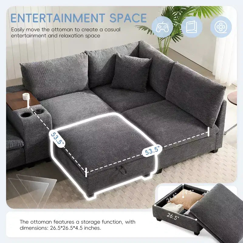 Canapé d'angle modulaire en U surdimensionné de 355 cm avec pouf, console, chargeur USB, porte-gobelet, rangement, revêtement en velours côtelé, 6 places, pour salon