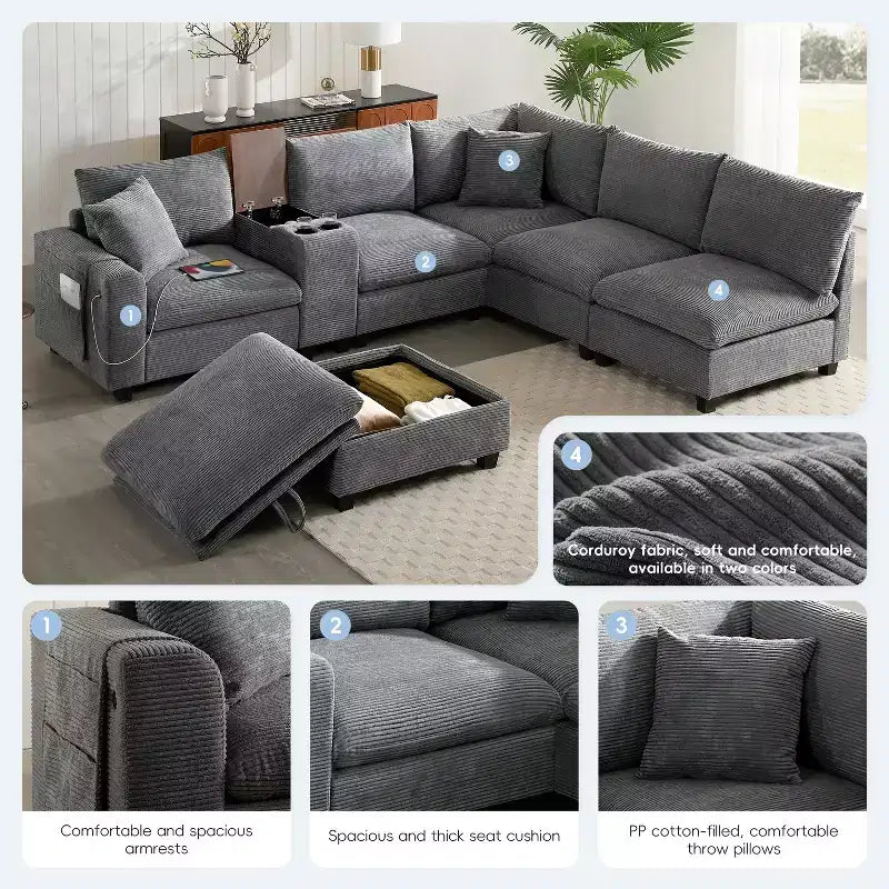 Canapé d'angle modulaire en U surdimensionné de 355 cm avec pouf, console, chargeur USB, porte-gobelet, rangement, revêtement en velours côtelé, 6 places, pour salon