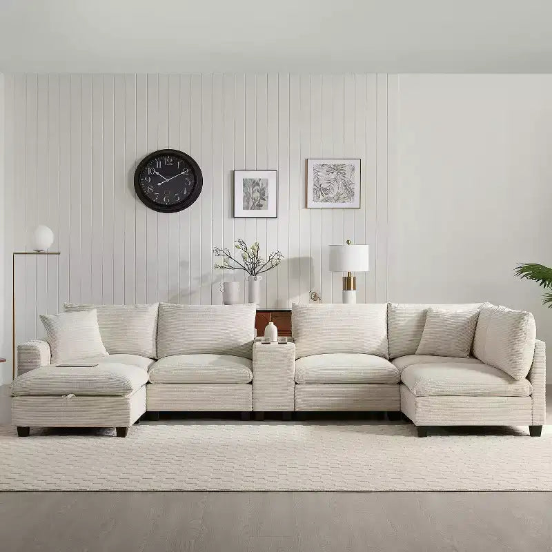 Canapé d'angle modulaire en U surdimensionné de 355 cm avec pouf, console, chargeur USB, porte-gobelet, rangement, revêtement en velours côtelé, 6 places, pour salon