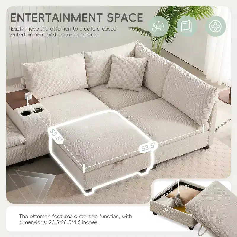 Canapé d'angle modulaire en U surdimensionné de 355 cm avec pouf, console, chargeur USB, porte-gobelet, rangement, revêtement en velours côtelé, 6 places, pour salon