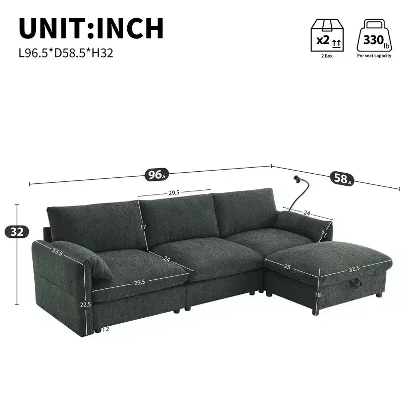 Canapé sectionnel en forme de L de 96,5 pouces avec pouf de rangement, chargeur USB et support de téléphone, revêtement en chenille, canapé 4 places pour salon