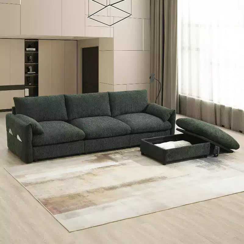 Canapé sectionnel en forme de L de 96,5 pouces avec pouf de rangement, chargeur USB et support de téléphone, revêtement en chenille, canapé 4 places pour salon