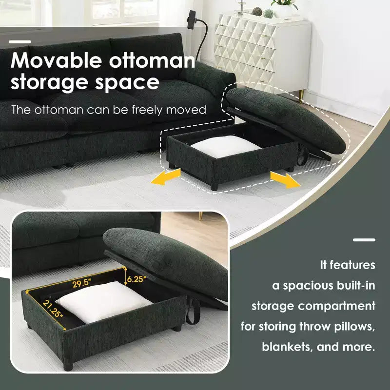 Canapé sectionnel en forme de L de 96,5 pouces avec pouf de rangement, chargeur USB et support de téléphone, revêtement en chenille, canapé 4 places pour salon