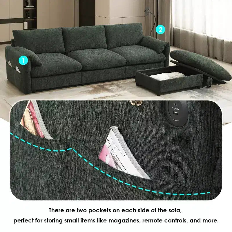 Canapé sectionnel en forme de L de 96,5 pouces avec pouf de rangement, chargeur USB et support de téléphone, revêtement en chenille, canapé 4 places pour salon