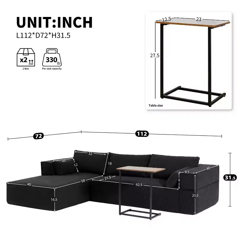 Canapé d'angle modulable 284 cm avec table d'appoint gratuite et tissu bouclette, entièrement compressé, aucun assemblage requis, 4 places en forme de L