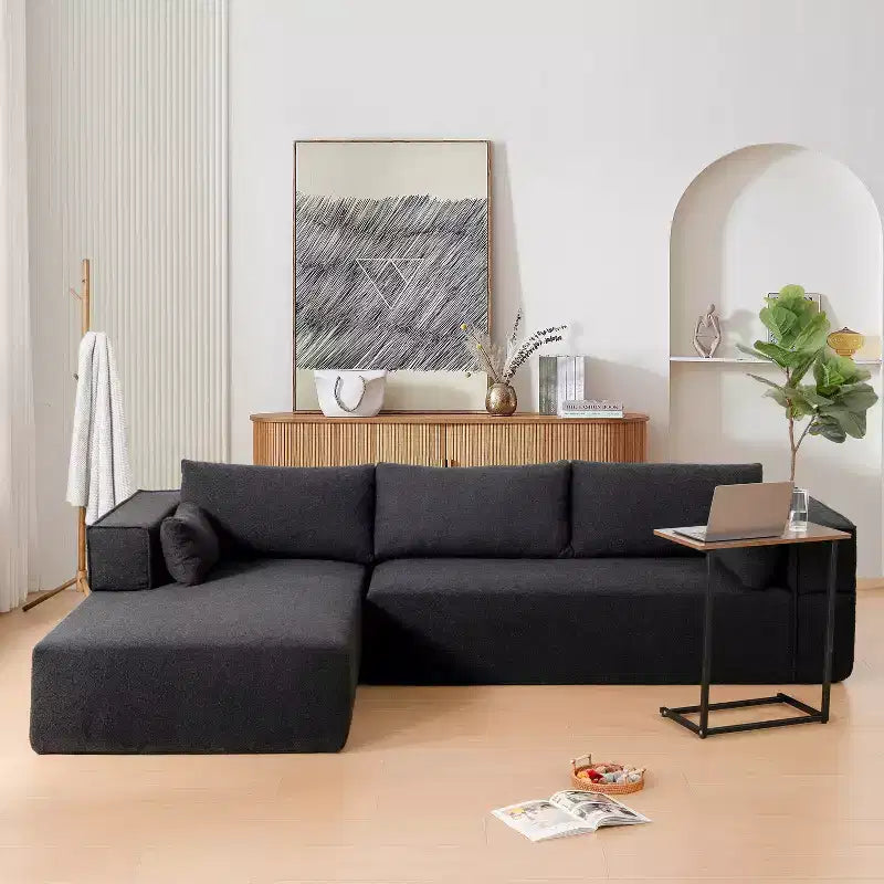 Canapé d'angle modulable 284 cm avec table d'appoint gratuite et tissu bouclette, entièrement compressé, aucun assemblage requis, 4 places en forme de L