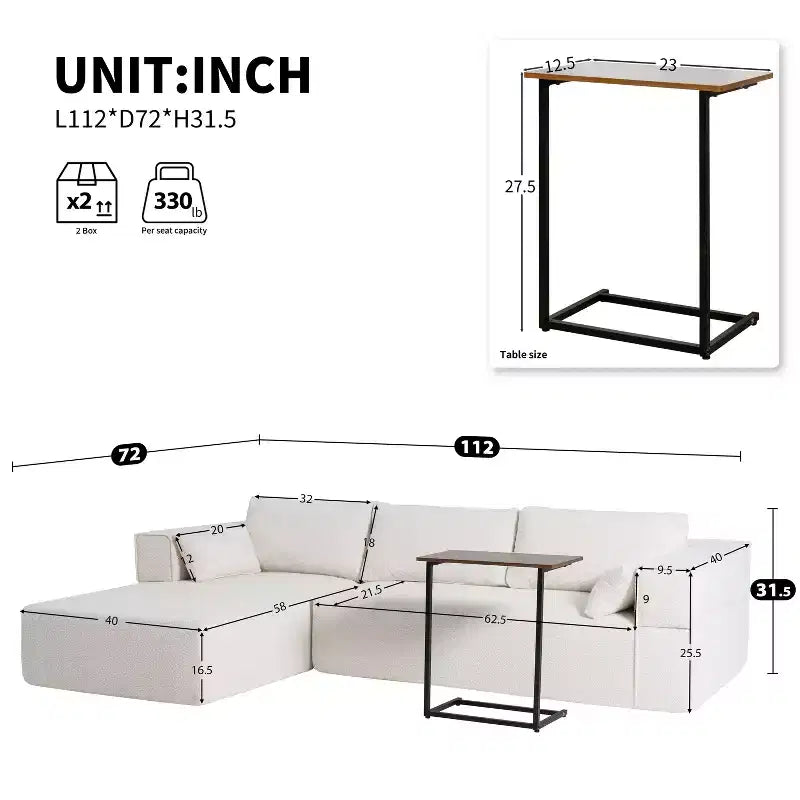 Canapé d'angle modulable 284 cm avec table d'appoint gratuite et tissu bouclette, entièrement compressé, aucun assemblage requis, 4 places en forme de L