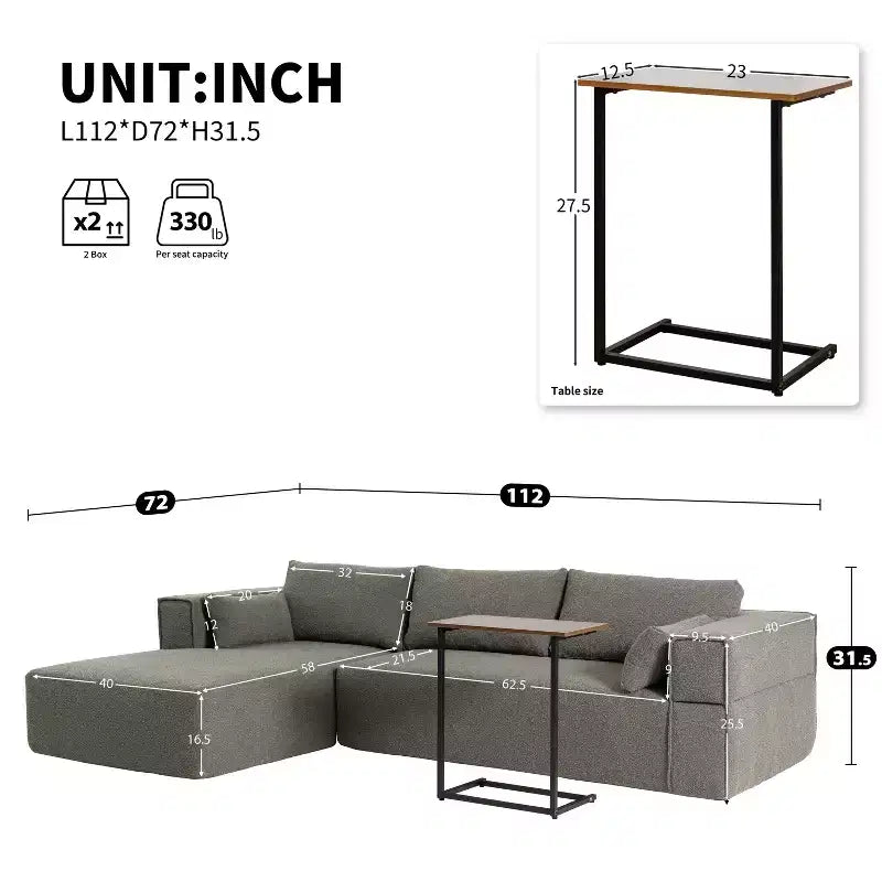 Canapé d'angle modulable 284 cm avec table d'appoint gratuite et tissu bouclette, entièrement compressé, aucun assemblage requis, 4 places en forme de L