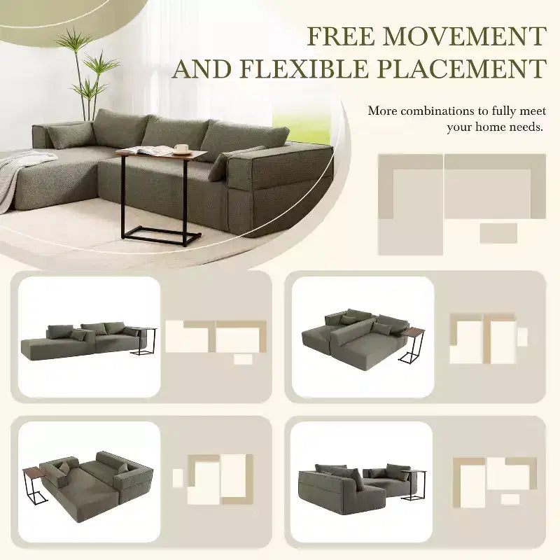 Canapé d'angle modulable 284 cm avec table d'appoint gratuite et tissu bouclette, entièrement compressé, aucun assemblage requis, 4 places en forme de L
